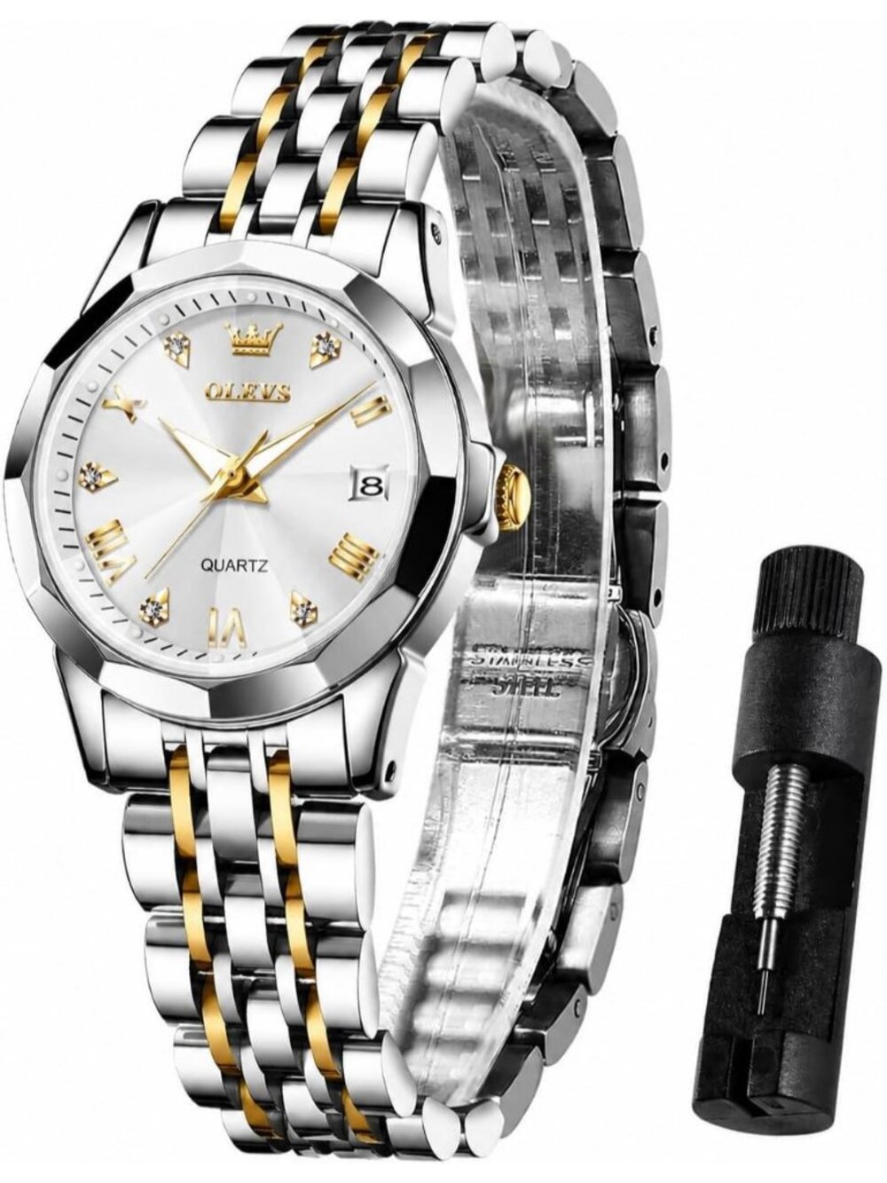 Women’s White Gold New Luxury Stainless Steel Waterproof Quartz Analog Watch